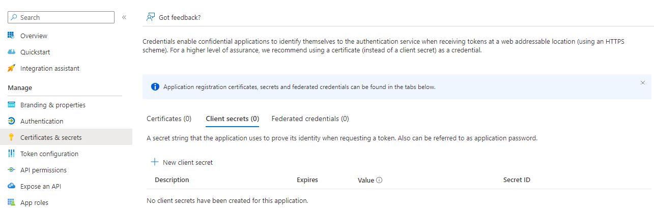 Azure client secret creation screen