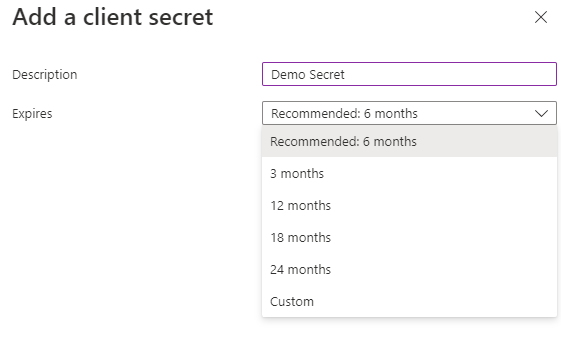 Azure new client secret creation screen