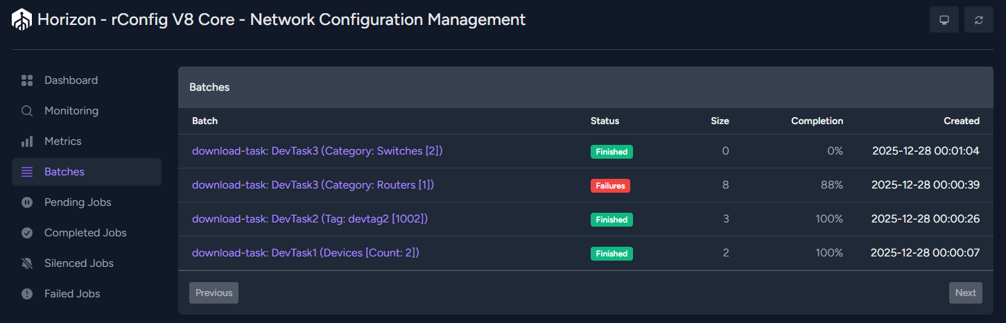 Horizon batches view showing batch job progress