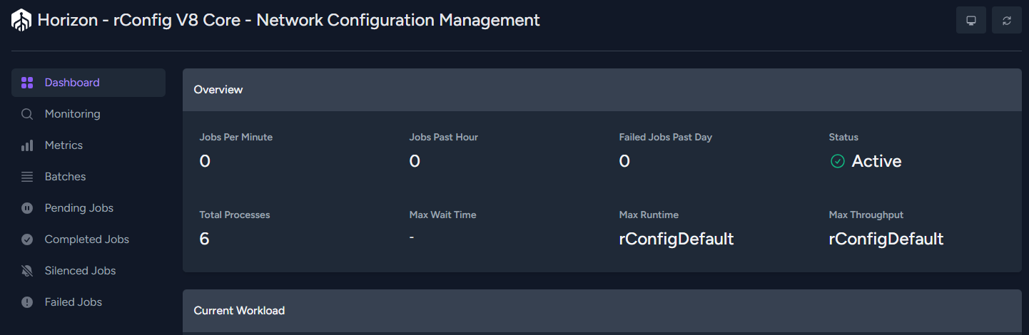 Horizon dashboard showing system metrics and job statistics