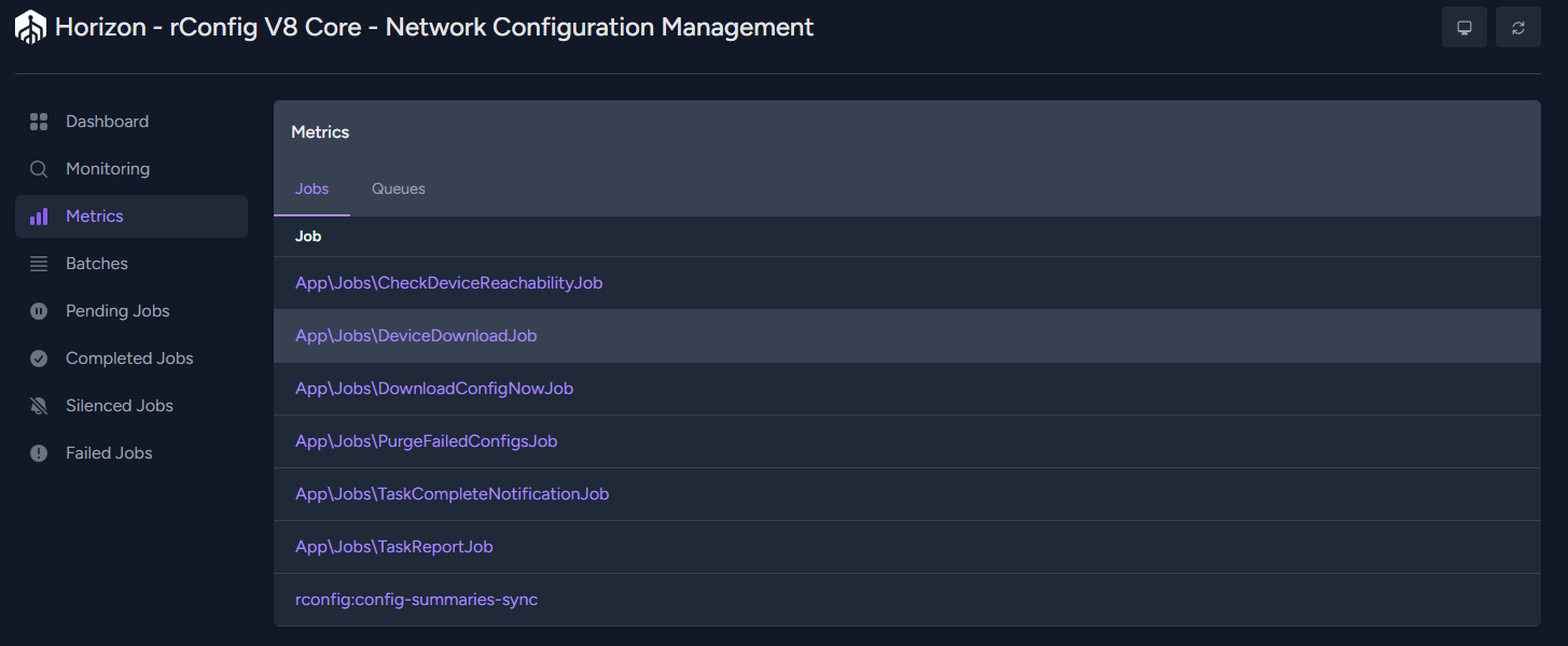 Horizon metrics showing detailed queue performance data