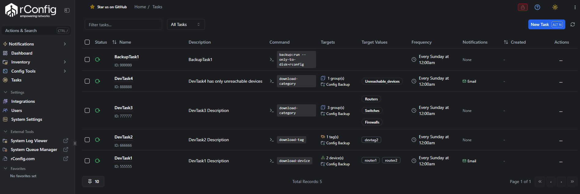 rConfig V8 Tasks main view displaying scheduled network device configuration backup tasks and automation