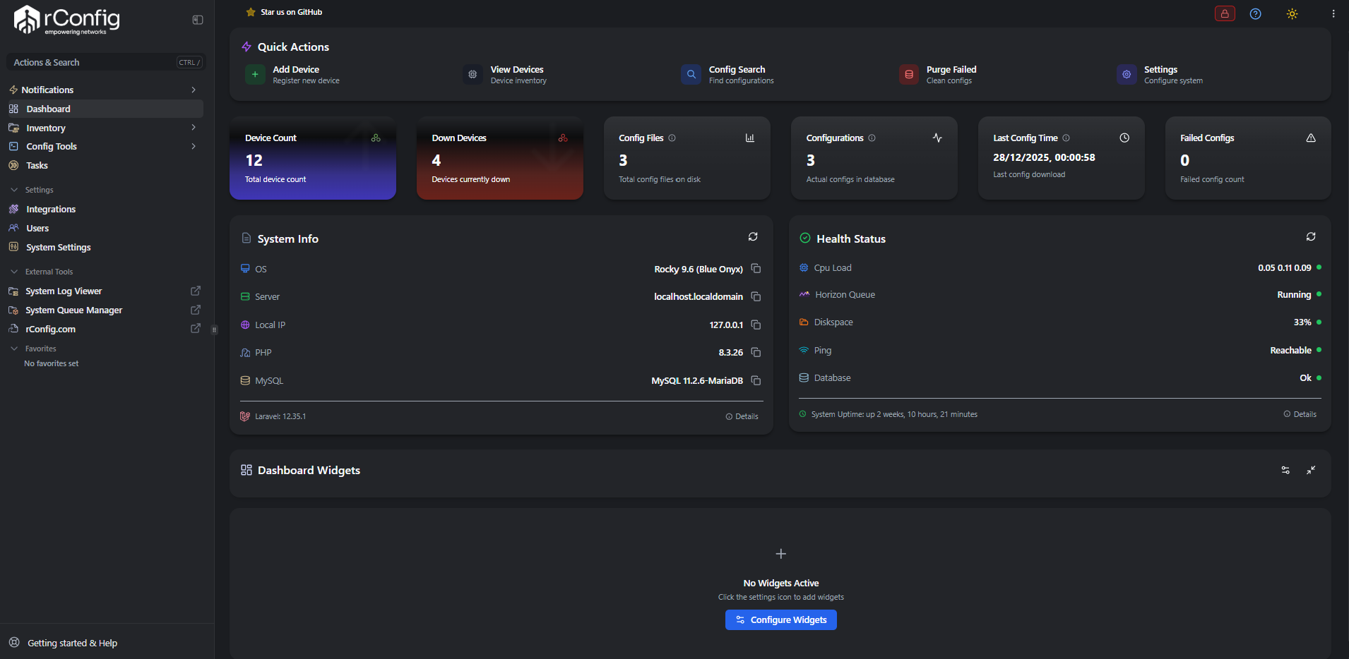 rConfig V8 Dashboard Overview showing network device status, configuration statistics, and navigation menu