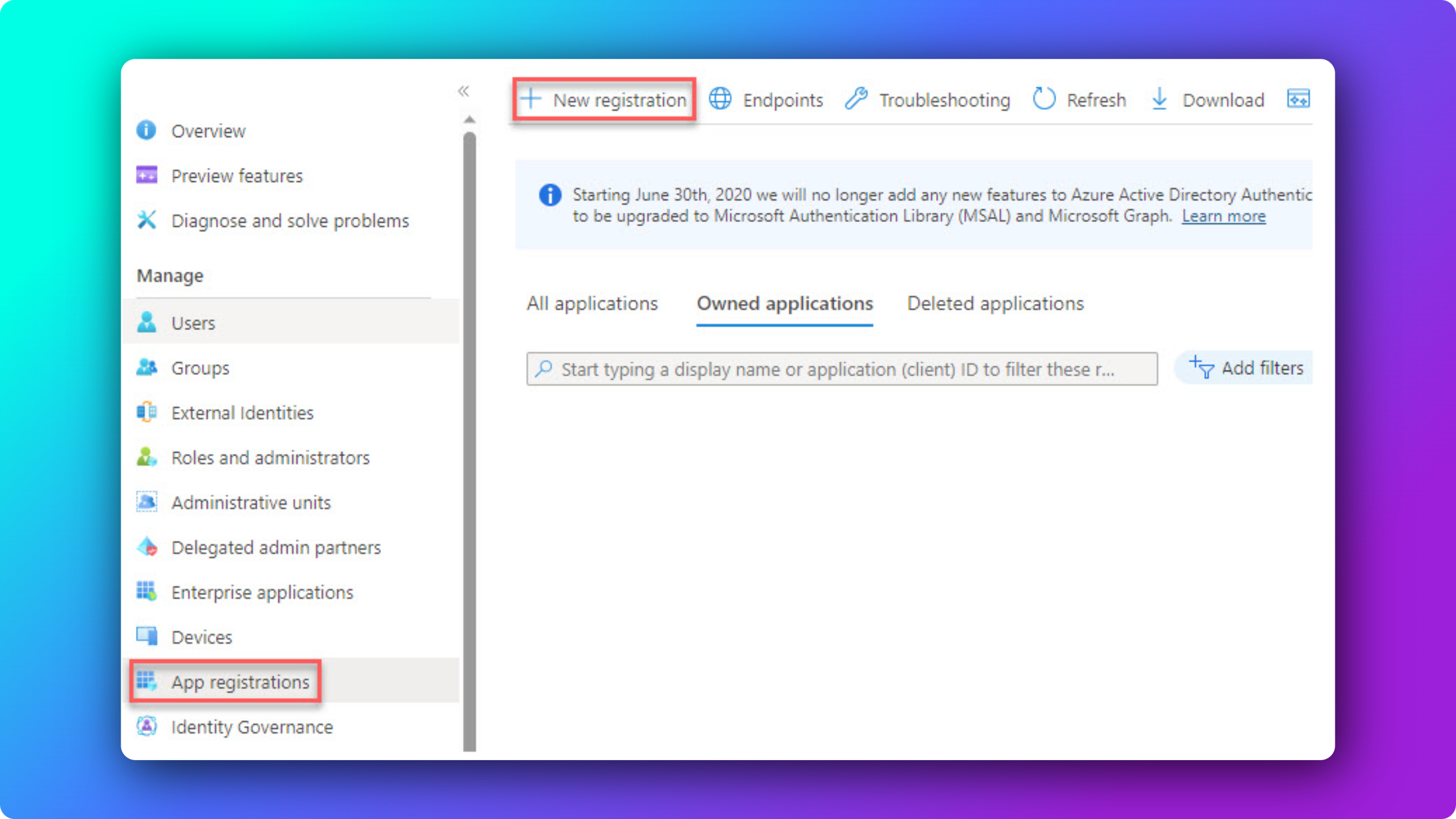 Microsoft Entra app registrations page in the Azure portal with the New registration button highlighted at the top of the list