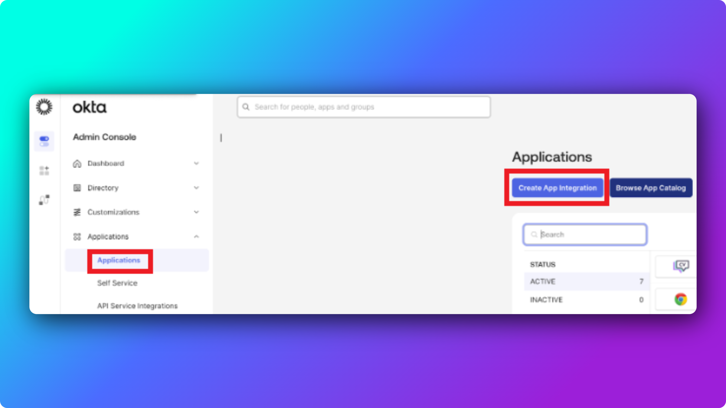 Okta Admin Console Applications page with the Create App Integration button