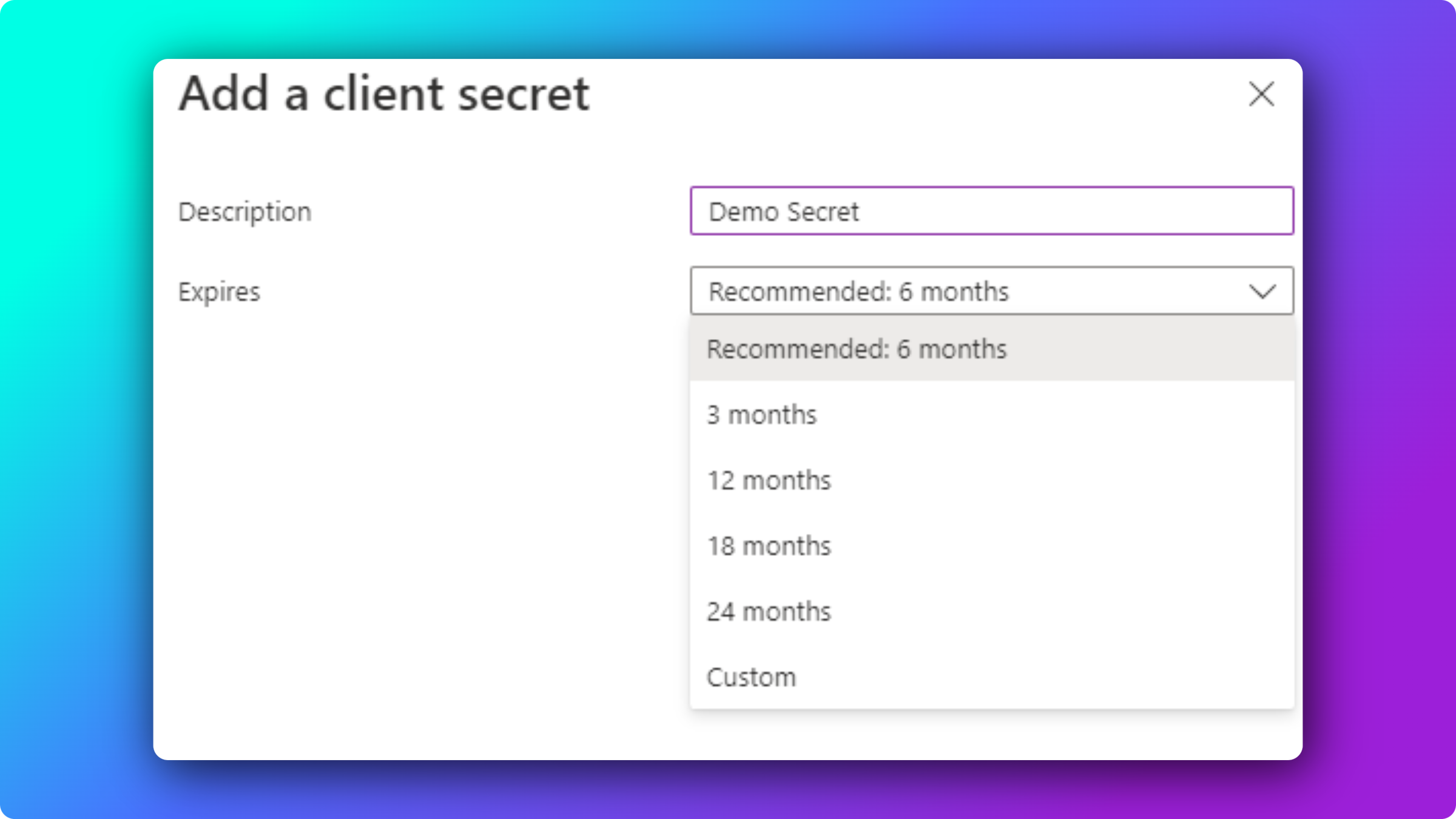Add a client secret panel in Entra with a description entered and an expiry period selected before clicking Add