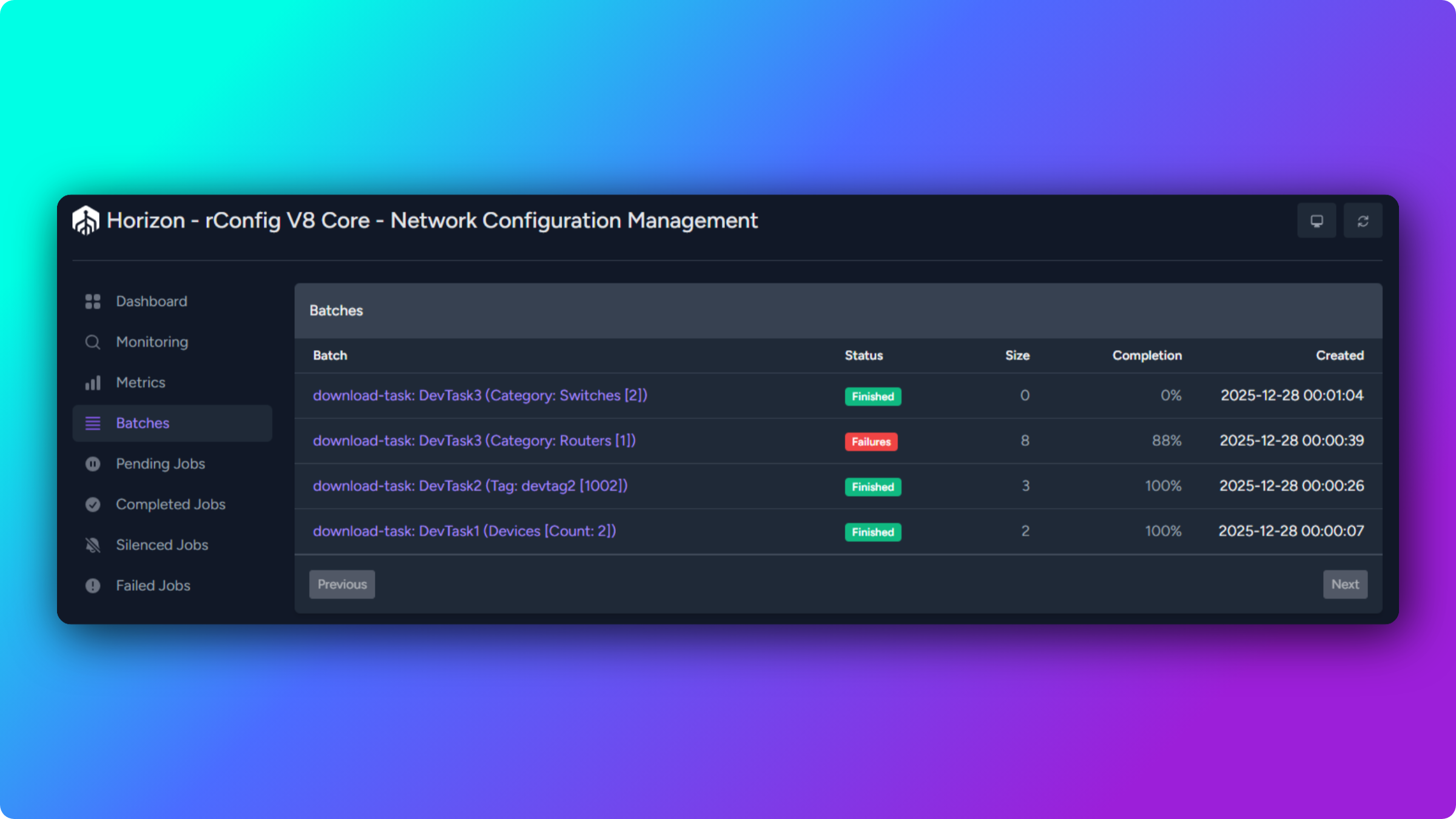 Horizon batches view listing batch jobs with completion percentage and per-job pending, completed, and failed counts