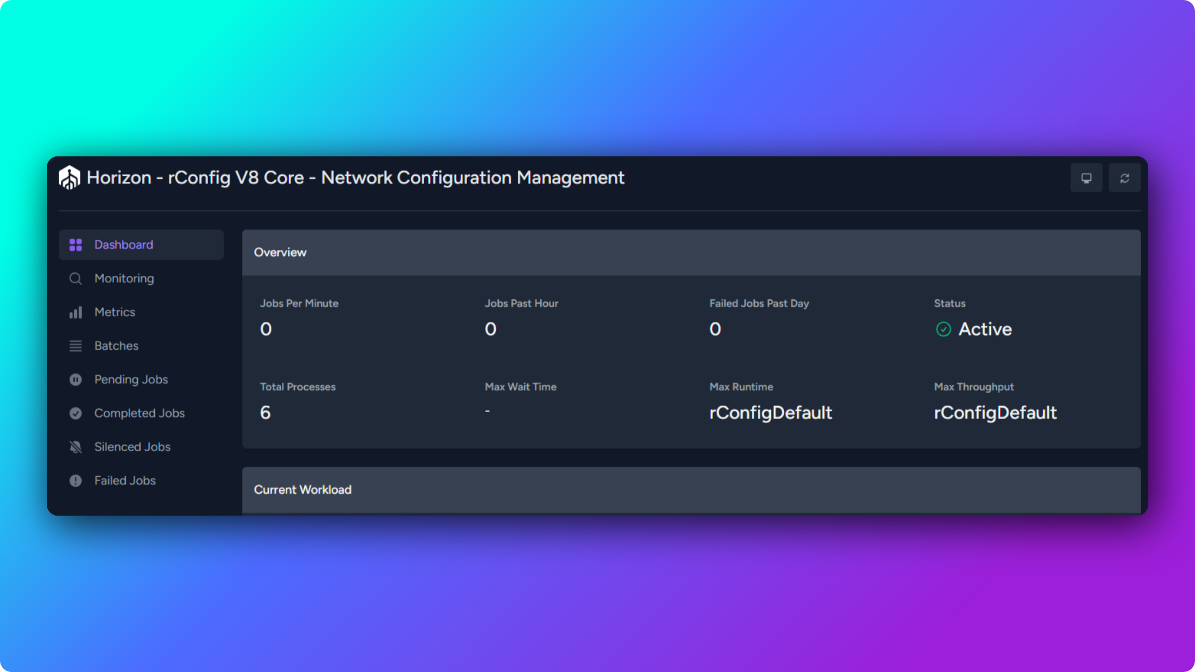 Horizon dashboard showing jobs per minute, active processes, jobs past hour, and recent job statistics for rConfig V8 Core