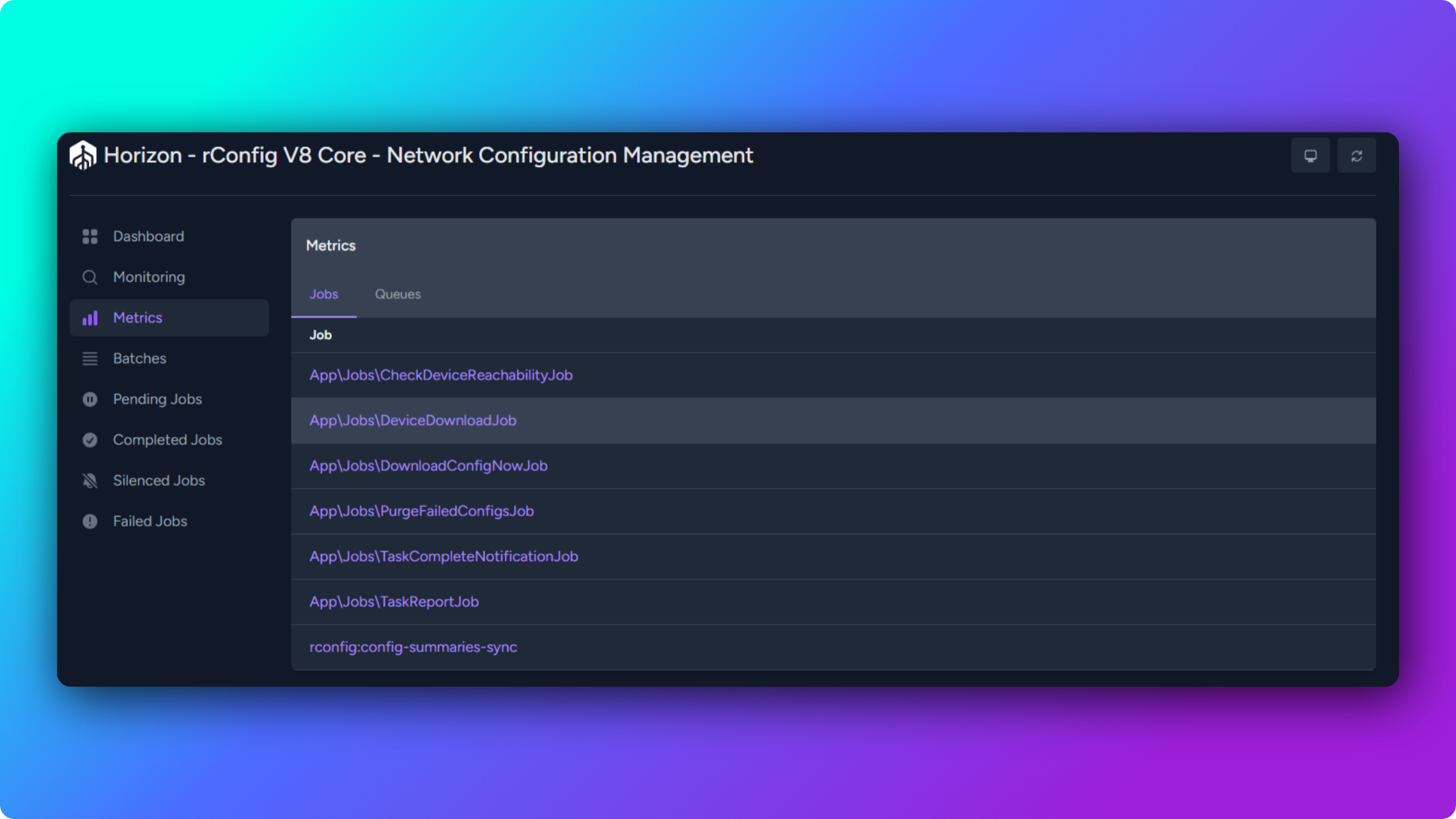 Horizon metrics page showing throughput, runtime, wait time, and execution time charts over a selected time range
