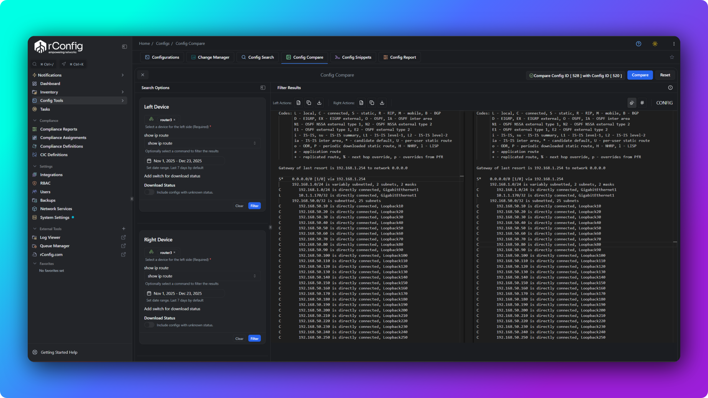 rConfig V8 Core Manual Compare with the Compare button enabled after both sides are selected