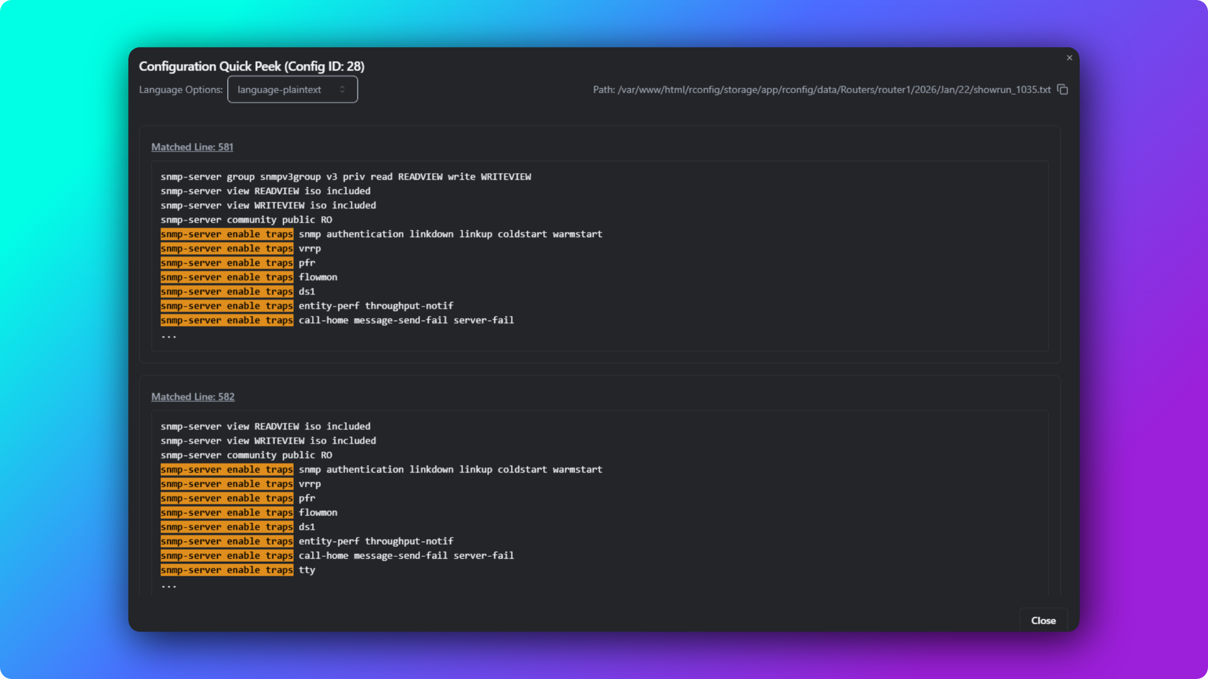 rConfig V8 Core Configuration Search peek view showing matched configuration lines in context for a single device