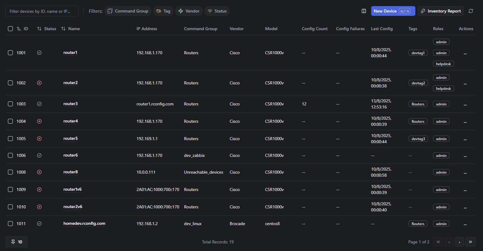 rConfig device table showing searchable, filterable inventory with status indicators and action menu