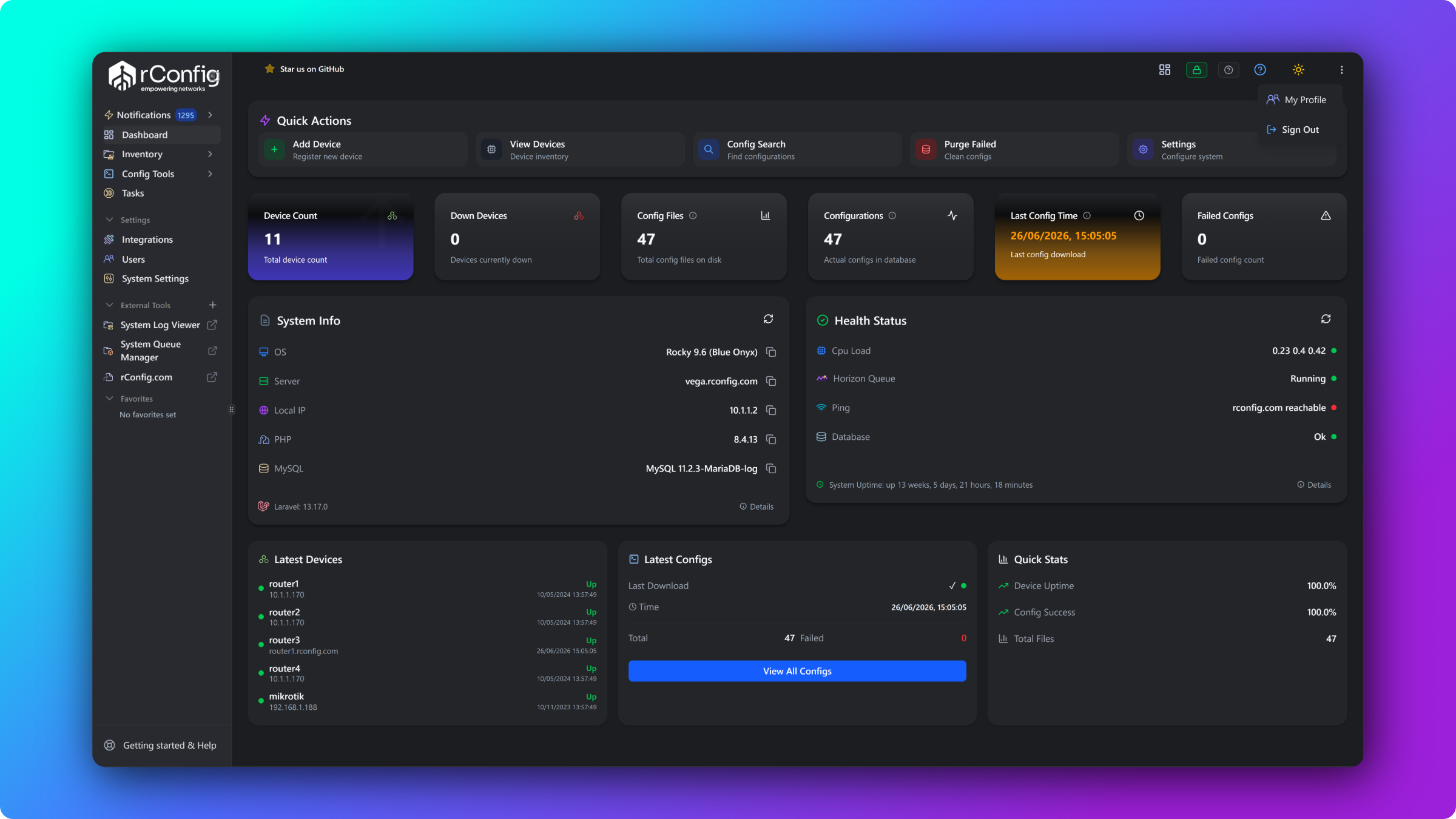 rConfig V8 Core dashboard showing network device status widgets, configuration statistics, and the side navigation menu