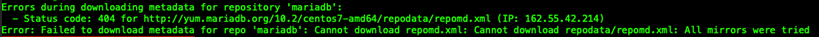 MariaDB repository error message shown in the terminal during the rConfig V8 Core operating system update