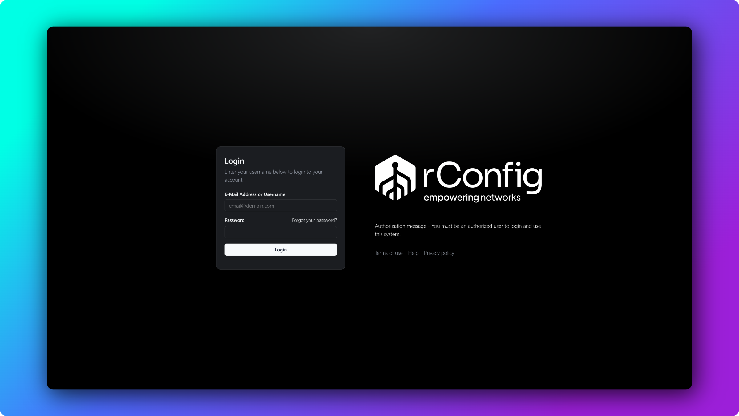 rConfig V8 Core login page showing the standard username and password fields with a Sign in with Microsoft SSO button below them