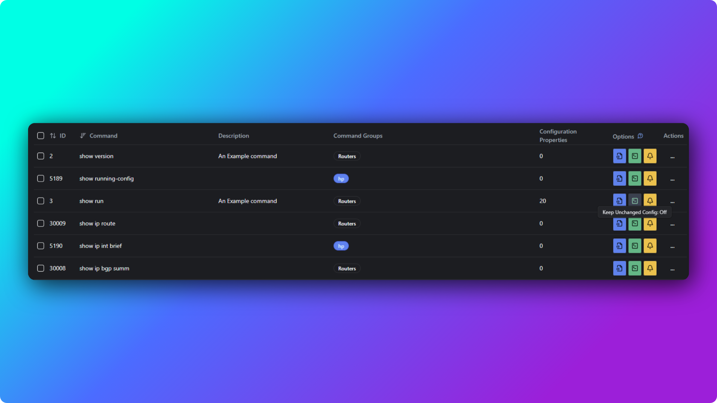 rConfig V8 Core Keep Unchanged Config toggle on the command configuration form