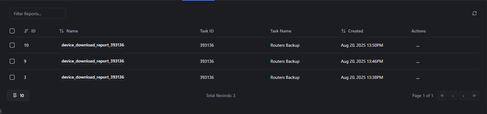 rConfig V8 main reports dashboard displaying list of generated configuration backup reports organized by task and timestamp
