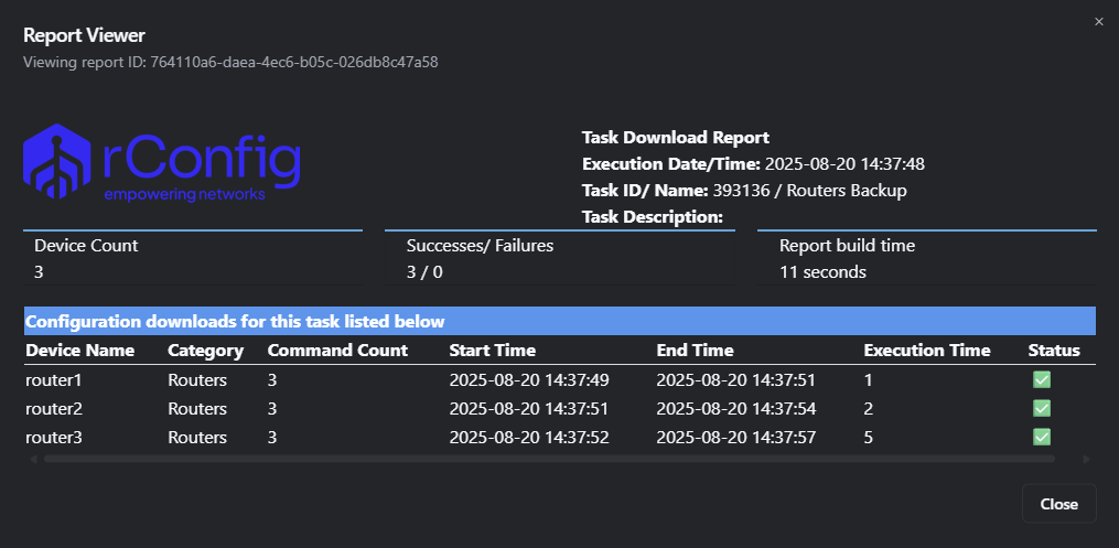 rConfig V8 verbose configuration report showing all successful network device backup operations with execution details