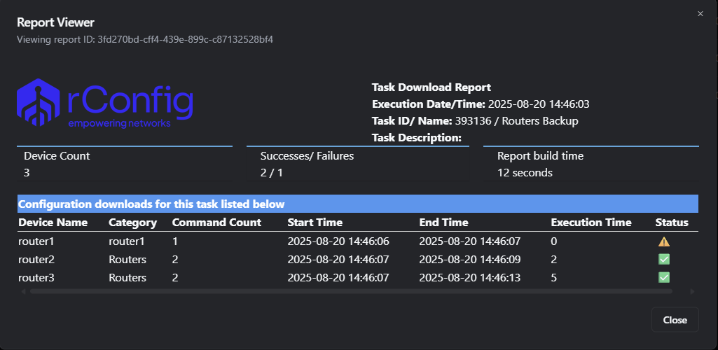 rConfig V8 verbose configuration report displaying mixed results with successful and failed device backup status