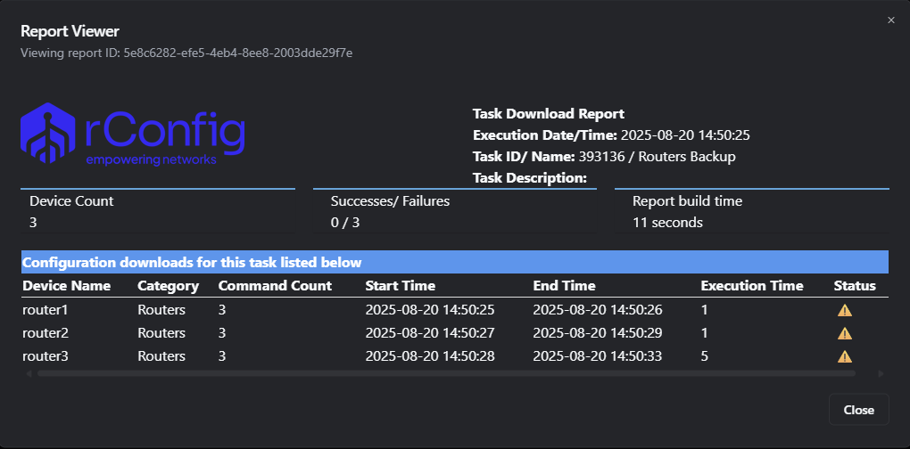 rConfig V8 failure-only configuration report highlighting devices with failed backup operations for troubleshooting