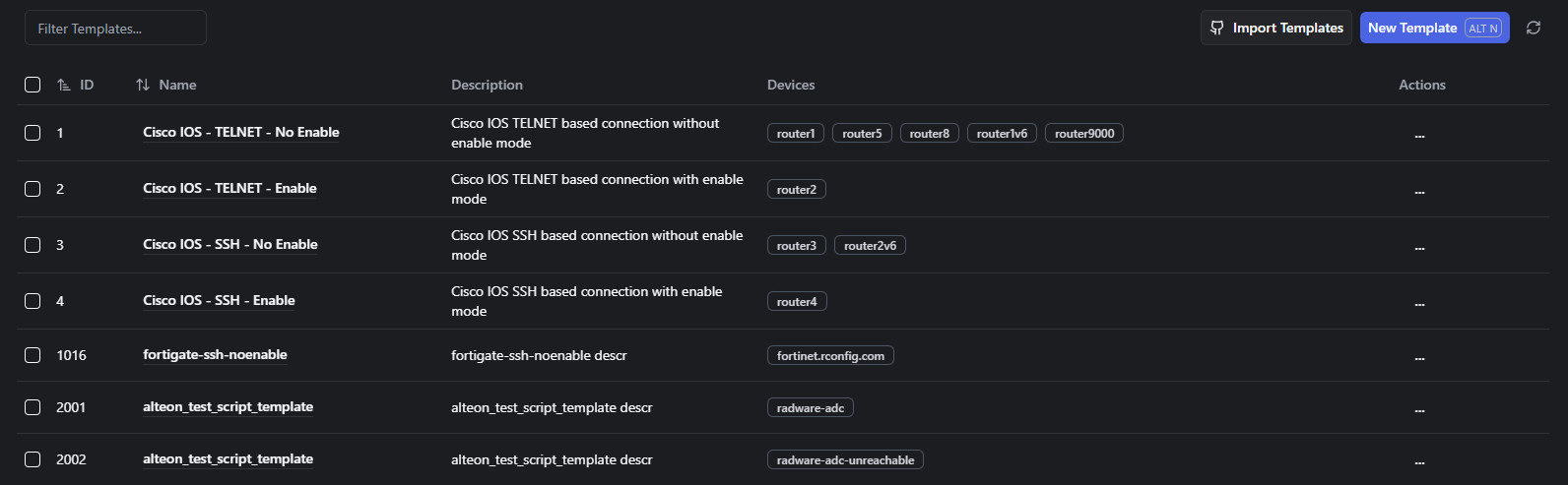 rConfig V8 Core Templates main view showing template list with name, protocol, and action columns